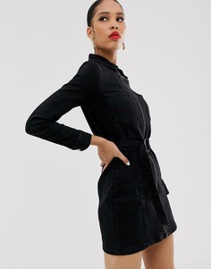 Черное джинсовое платье-рубашка Bershka-Черный