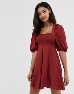 Короткое приталенное платье с объемными рукавами ASOS DESIGN-Коричневый