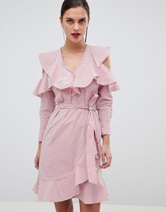 Розовое платье мини в полоску с вырезами на плечах и оборками Y.A.S-Мульти