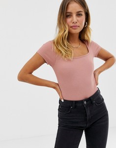 Боди розового цвета с квадратным вырезом и короткими рукавами ASOS DESIGN-Розовый