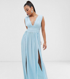 Плиссированное премиум-платье макси с кружевной вставкой ASOS DESIGN Petite-Синий