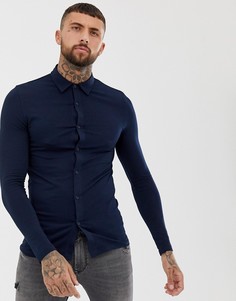 Темно-синяя трикотажная рубашка обтягивающего кроя ASOS DESIGN-Темно-синий