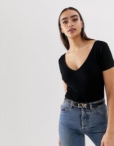 Черное боди с короткими рукавами и V-образным вырезом на груди и спине ASOS DESIGN-Черный