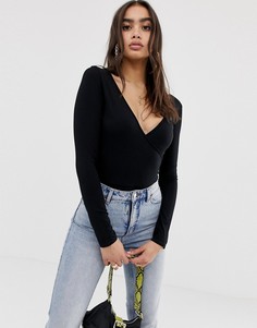 Черное боди с длинными рукавами и глубоким вырезом на груди и спине ASOS DESIGN-Черный