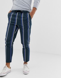 Темно-синие укороченные брюки скинни в полоску с поясом на шнурке ASOS DESIGN-Черный