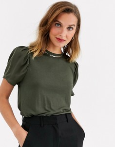 Футболка цвета хаки с пышными рукавами River Island-Зеленый