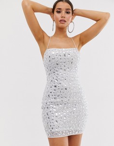 Платье миди с обильной отделкой бусинами ASOS DESIGN-Серебряный