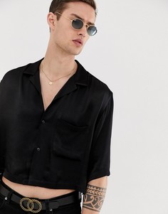 Черная атласная рубашка с двумя карманами и воротником в виде лацканов ASOS DESIGN-Черный