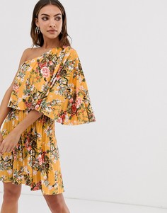 Плиссированное платье мини на одно плечо с кроп-топом и цветочным принтом ASOS DESIGN-Мульти