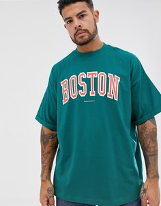 Зеленая oversize-футболка с принтом и отворотами на рукавах ASOS DESIGN-Зеленый