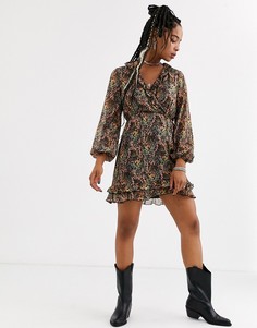 Платье мини с оборками и цветочным принтом Topshop-Мульти