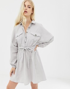 Повседневное платье-рубашка мини с длинными рукавами и шнурком на талии ASOS DESIGN-Серый