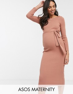 Платье миди с открытыми плечами и завязкой ASOS DESIGN Maternity-Коричневый