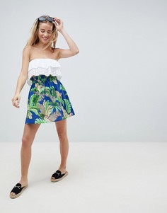 Короткая расклешенная юбка с тропическим принтом и поясом на шнурке ASOS DESIGN-Мульти