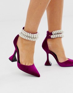 Фиолетовые бархатные туфли на каблуке с заостренным носком и искусственным жемчугом ASOS DESIGN Promise me-Фиолетовый