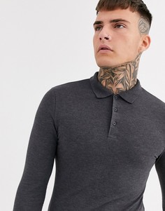 Темно-серое меланжевое обтягивающее поло из пике с длинными рукавами ASOS DESIGN-Серый