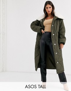 Стеганая дутая куртка цвета хаки с воротником из искусственного меха ASOS DESIGN Tall-Зеленый