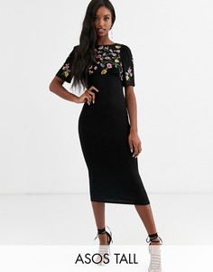 Платье миди с вышивкой ASOS DESIGN Tall-Черный
