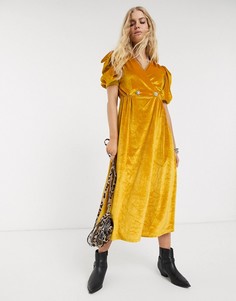 Бархатное платье миди с пышными рукавами и пуговицами со стразами ASOS DESIGN-Желтый