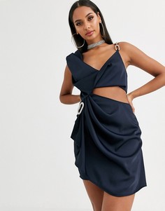 Темно-синее атласное платье мини с драпировкой и вырезом Missguided-Темно-синий