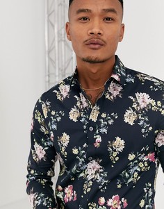 Черная приталенная сатиновая рубашка с цветочным принтом ASOS DESIGN-Черный