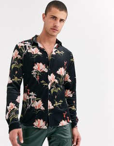 Черная зауженная бархатная рубашка с цветочным узором ASOS DESIGN-Черный