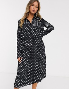 Монохромное плиссированное платье-рубашка миди в горошек ASOS DESIGN-Мульти