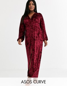 Бархатное платье макси на пуговицах с длинными рукавами ASOS DESIGN Curve-Красный