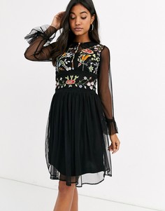 Платье с длинными рукавами и вышивкой Frock & Frill-Черный