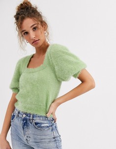 Пушистый джемпер с квадратным вырезом и короткими рукавами ASOS DESIGN-Зеленый