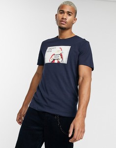 Темно-синяя футболка с новогодним принтом Санты Jack & Jones-Темно-синий