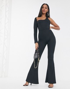 Комбинезон на одно плечо в рубчик ASOS DESIGN-Черный