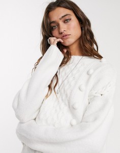 Трикотажный джемпер кремового цвета с помпонами Bershka-Кремовый
