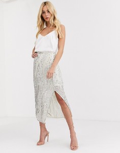 Серебристая юбка миди с пайетками Miss Selfridge-Серебряный