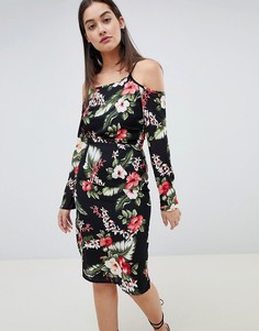 Платье миди с открытыми плечами и тропическим принтом Girls on Film-Мульти