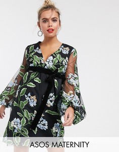 Платье миди с запахом, вышивкой и завязкой на талии ASOS DESIGN Maternity-Черный