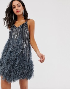 Платье мини на бретелях с отделкой пайетками и перьями ASOS EDITION-Синий