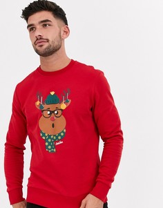 Красный свитшот с новогодним принтом Jack & Jones Originals