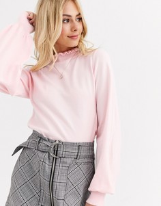 Розовый джемпер с оборкой и пышными рукавами на манжетах New Look