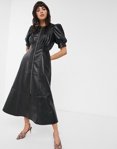 Платье миди из искусственной кожи с пышными рукавами и молнией ASOS DESIGN-Черный