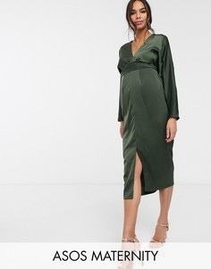 Атласное платье миди с рукавами \"летучая мышь\" и запахом ASOS DESIGN Maternity-Зеленый