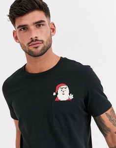Черная футболка с новогодним принтом на кармане Jack & Jones Originals-Черный