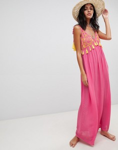 Пляжное платье макси с халтером, вышивкой и помпонами ASOS DESIGN-Мульти