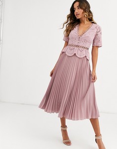 Плиссированное чайное платье миди на пуговицах ASOS DESIGN-Розовый