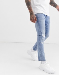 Светлые укороченные джинсы скинни с необработанным низом и дыркой на колене ASOS DESIGN-Синий