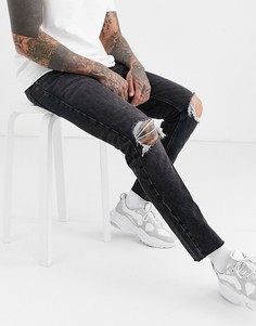Черные укороченные джинсы с рваными коленями и необработанным краем ASOS DESIGN-Черный