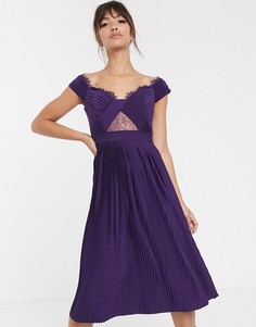 Платье миди с кружевом и складками ASOS DESIGN-Фиолетовый