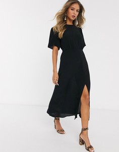 Черное платье миди с расклешенными рукавами и разрезом New Look-Черный