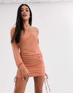 Платье-свитшот мини с открытыми плечами и сборками по бокам ASOS DESIGN-Бежевый