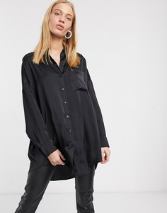 Черная длинная oversize-блузка из атласа Monki-Черный